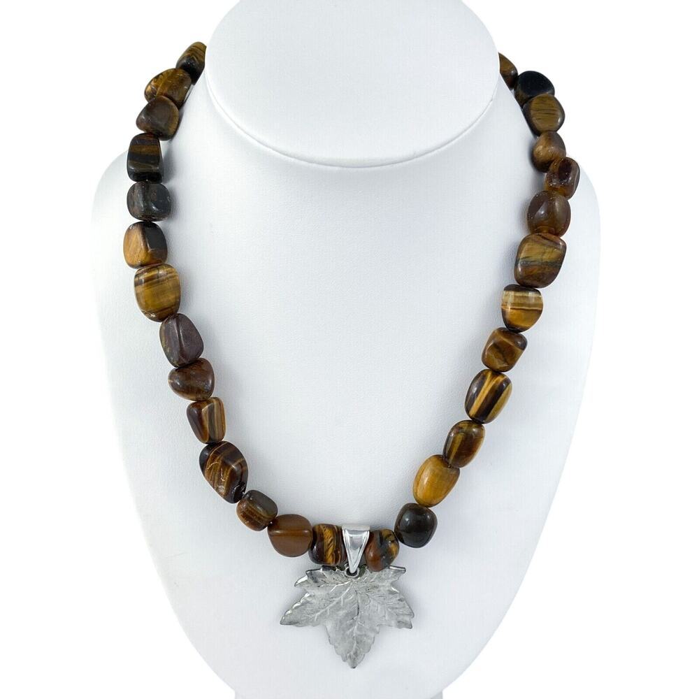 Vintage Sterling Clasp Tiger's Eye Pewter Maple Leaf Pendant Necklace 18"